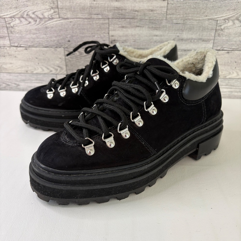 Schutz Lucille Platform Boots Women 8B Black Suede Faux Shearling Lug Sole